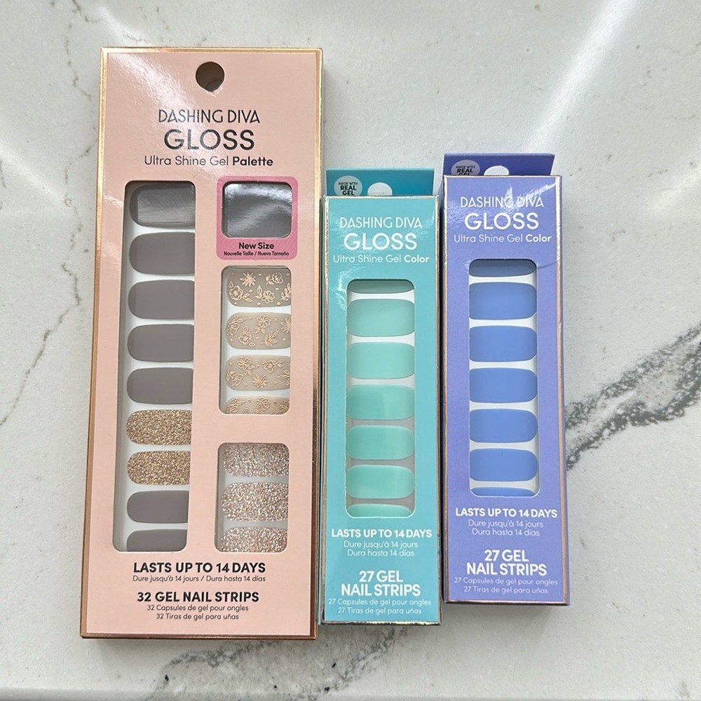 Lot of 3 DASHING DIVA gel nail strips Lavendar Dreams-Iced Mint-Harbor Mist NEW